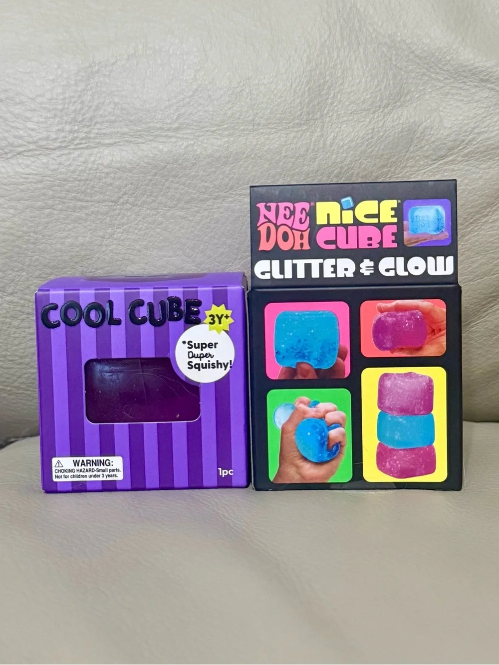 NeeDoh BLUE Glitter & Glow Nice Cube & Purple J’adore Cool Cube Squishy